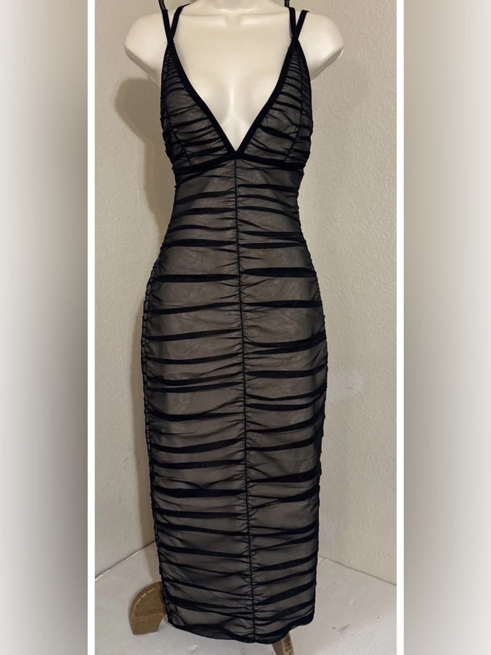 Black Ruched Sheer Deep V Neck Maxi Dress — Spaghetti Strap — Bodycon Evening